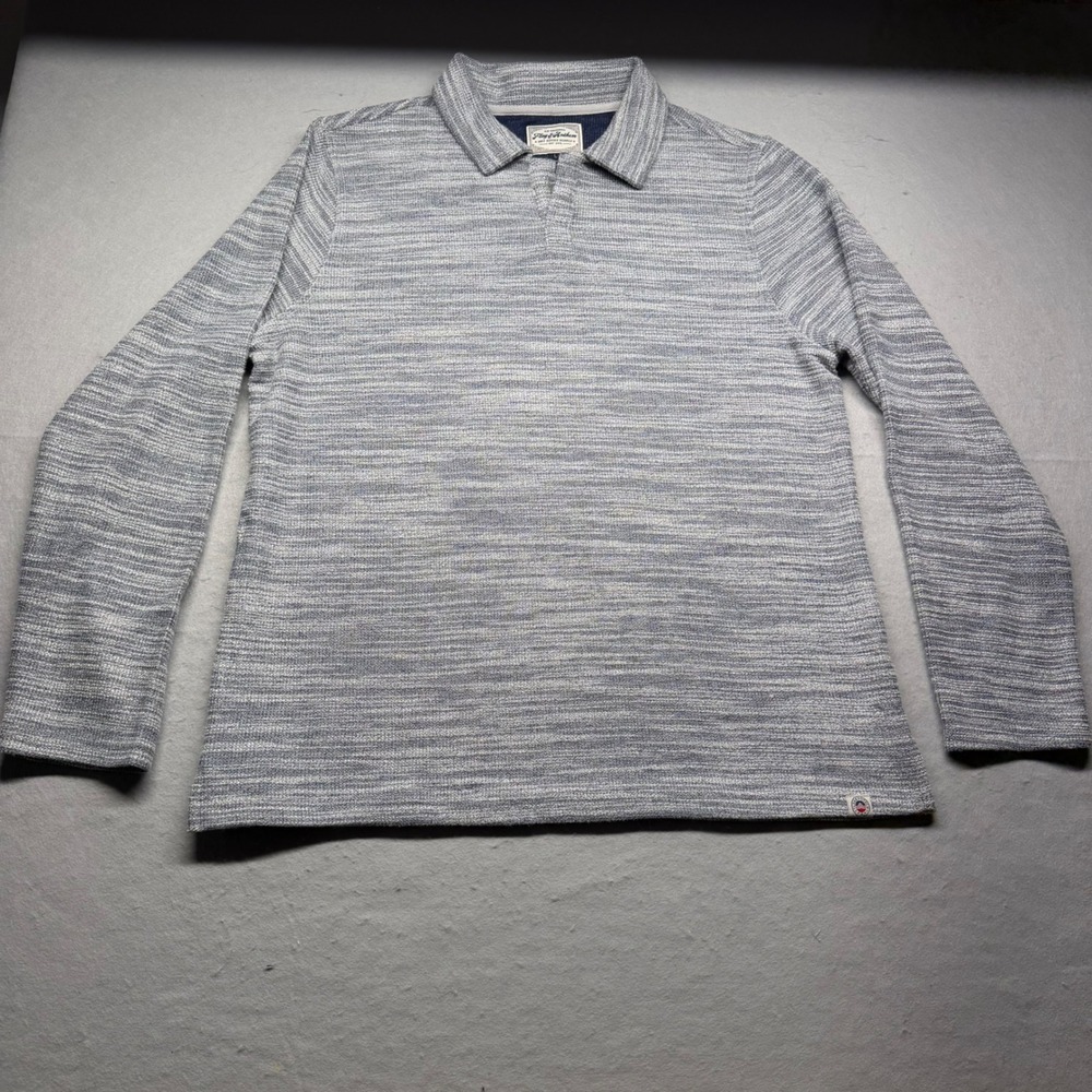 Flag & Anthem Polo Shirt Mens L Blue Space Dye Slub Knit Long Sleeve Pullover